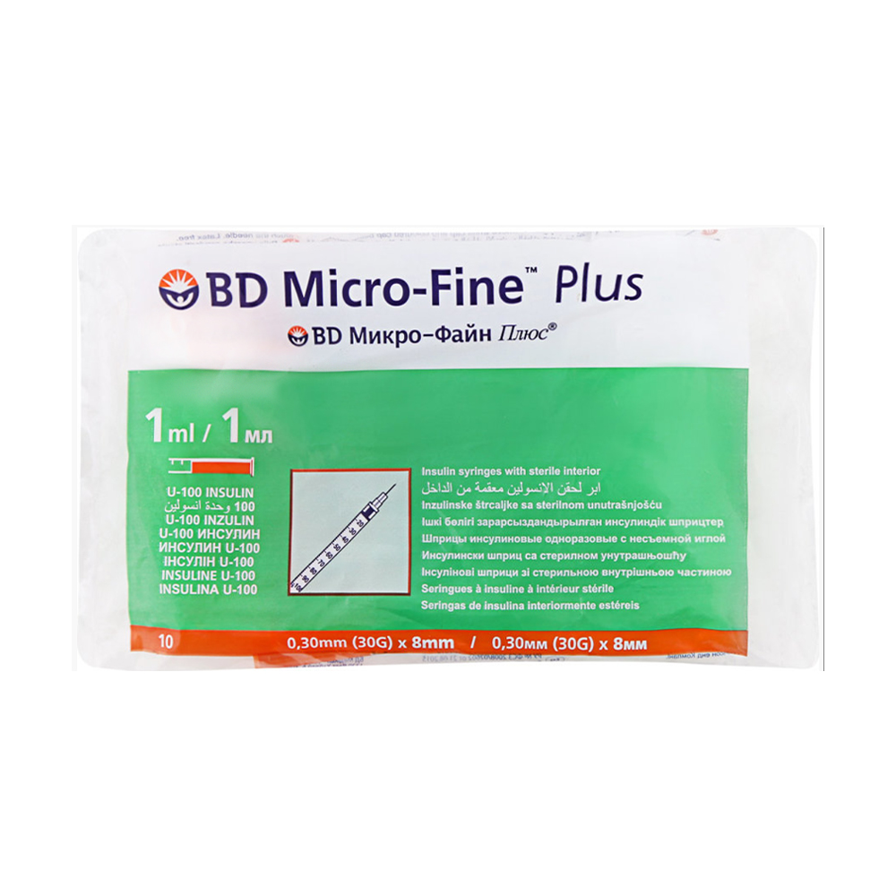 Шприц ін'єкційний інсуліновий BD Micro-Fine Plus U-100, розмір 30G, 0.3*8 мм, 1 мл (10 шт)
